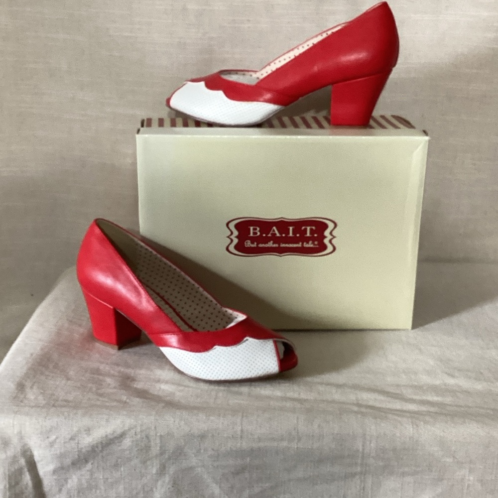 Red and White Peep-Toe Block Heel Pumps